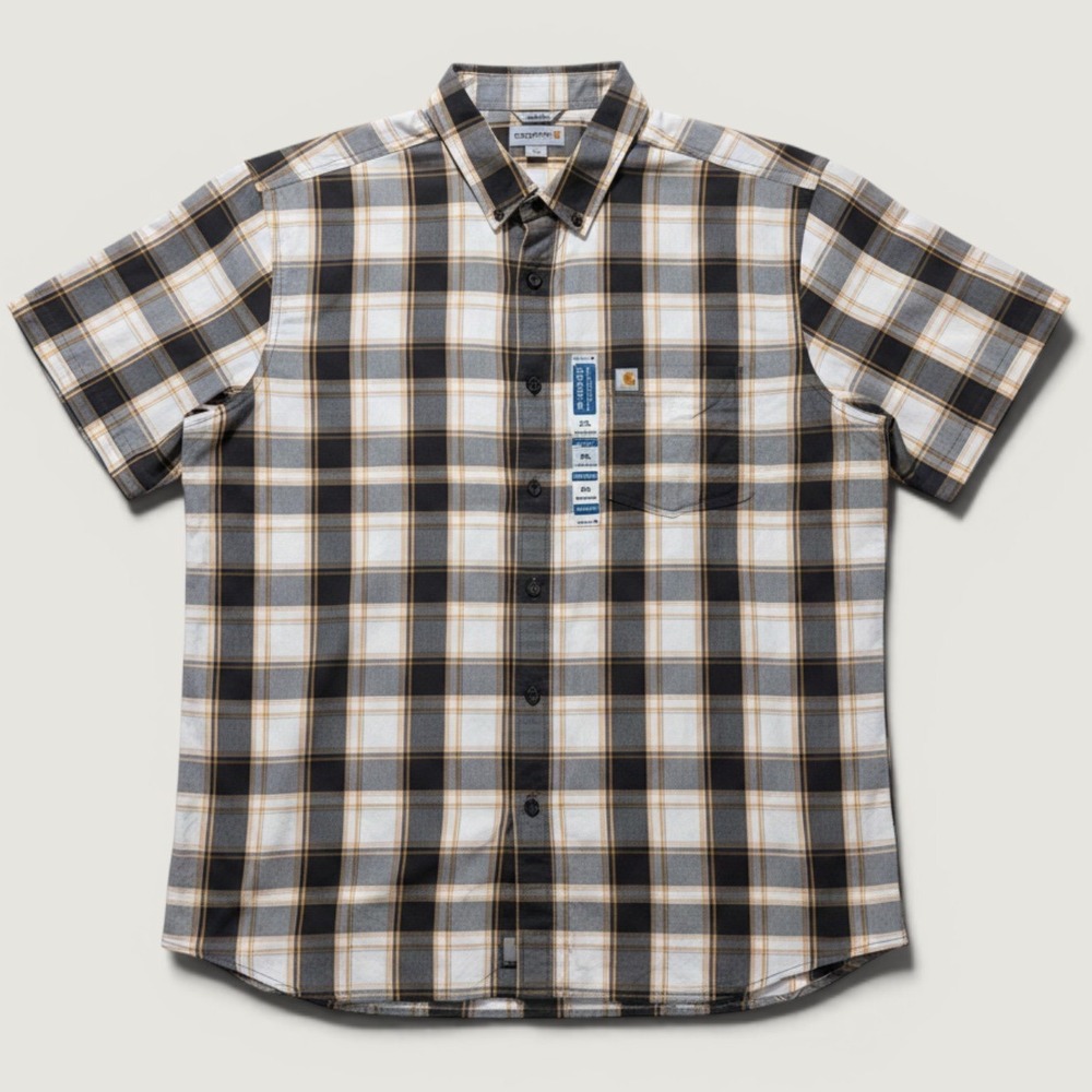 Carhartt Mens shirt 2x Relaxed Fit Plaid Short Sleeve Button Down Grey/yellow - Picture 1 of 5